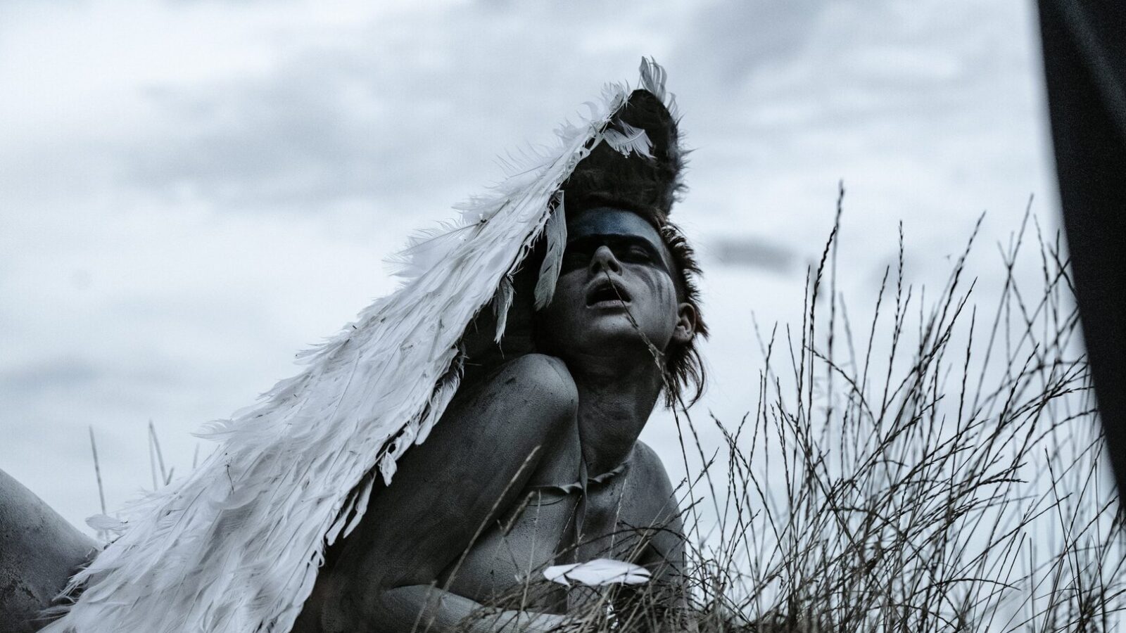 Alternative fashion model photographed in a field