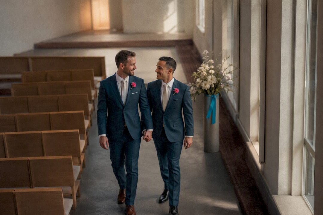Two grooms walking through ceremony venue