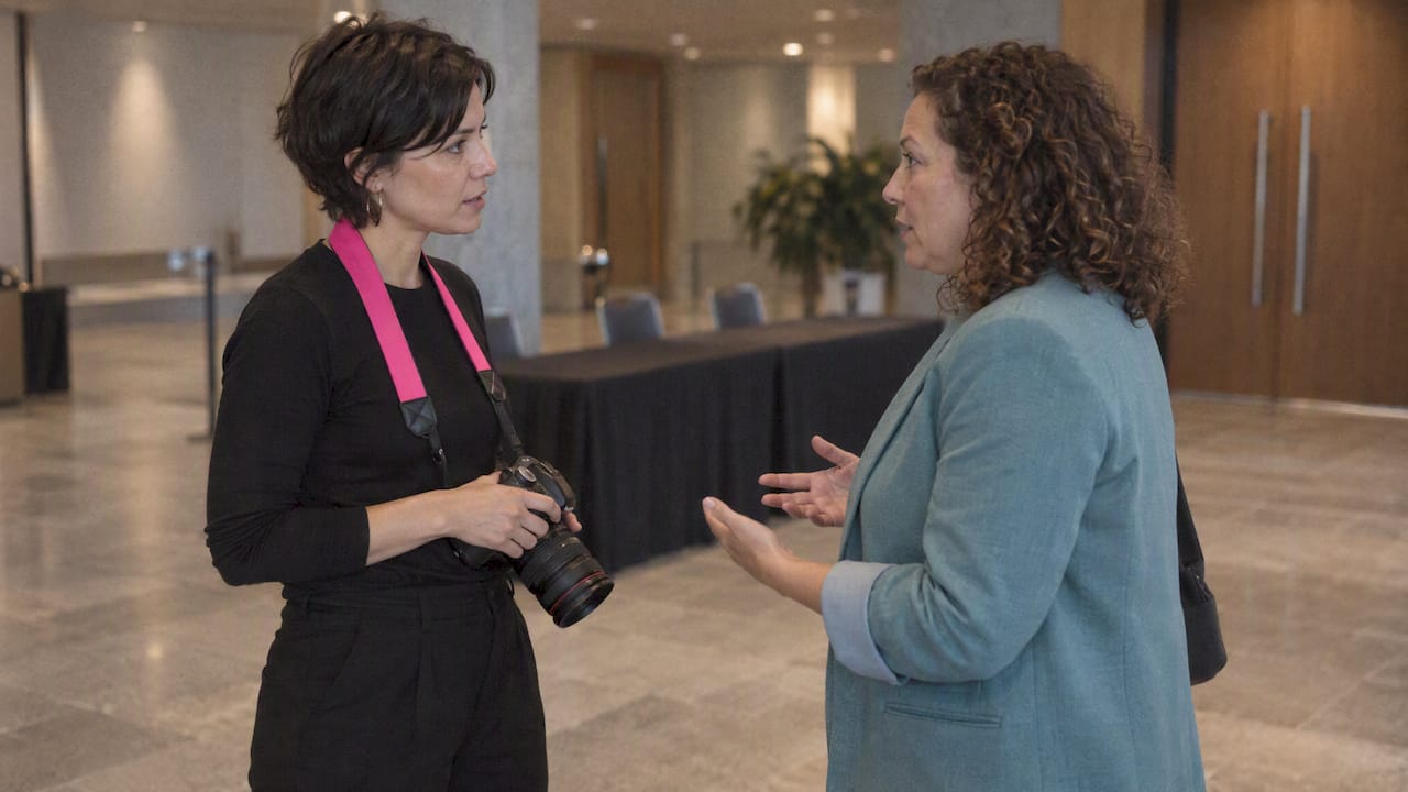 Photographer discussing consent before event portrait