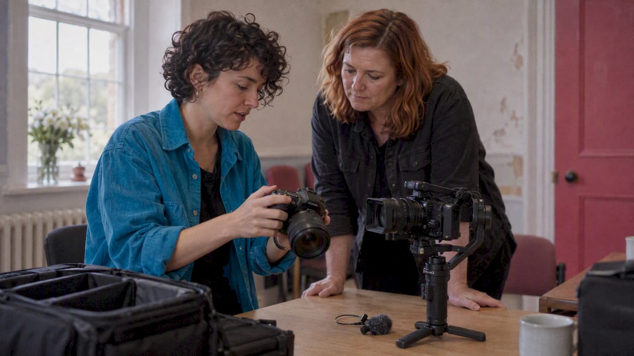 Wedding professionals comparing photography and video equipment