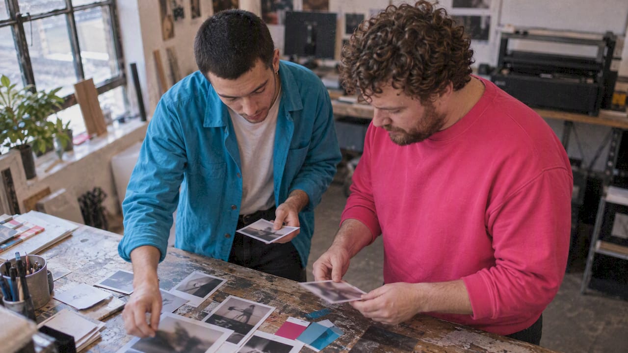 Two men arranging a photography mood board