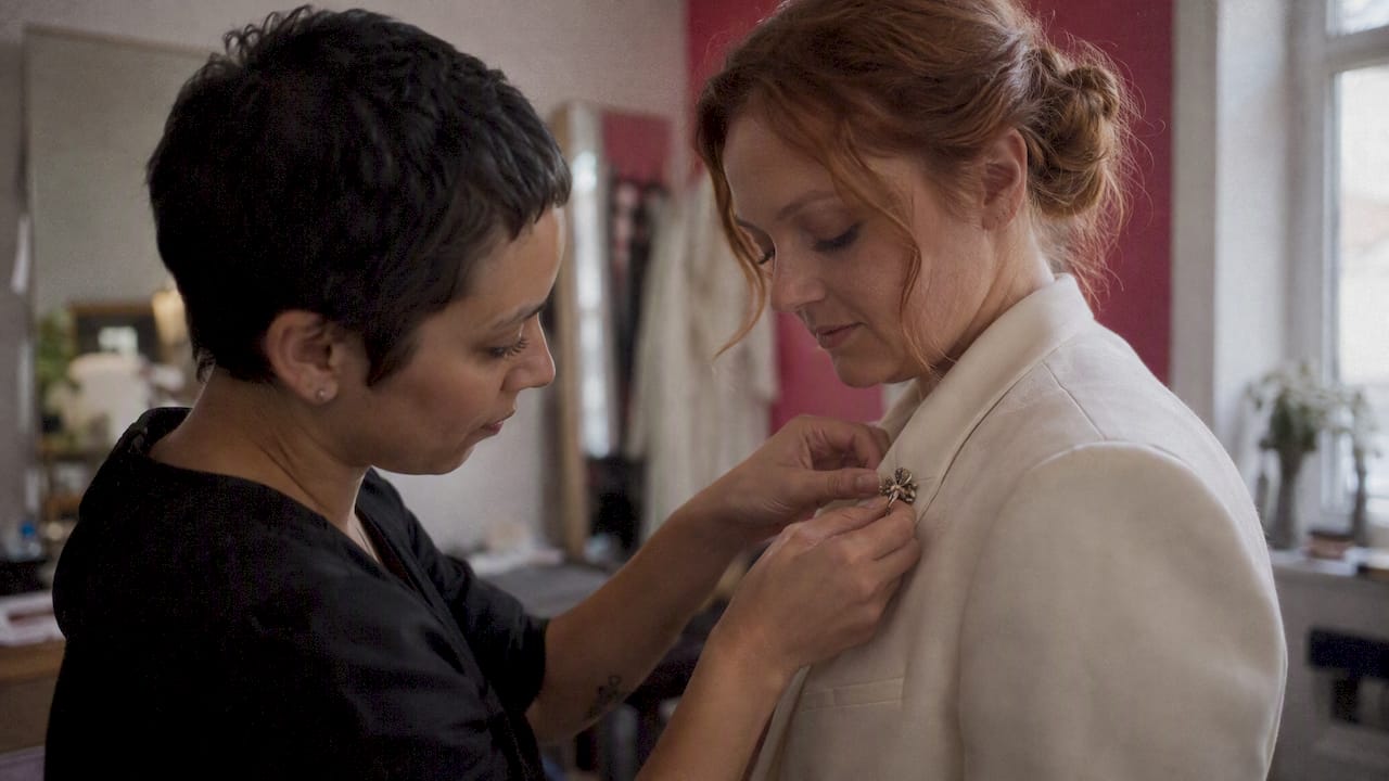 Partner fastening an heirloom wedding brooch