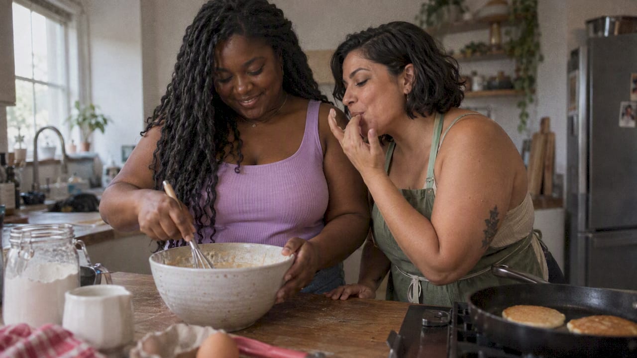 Two women cooking pancakes in their kitchen
