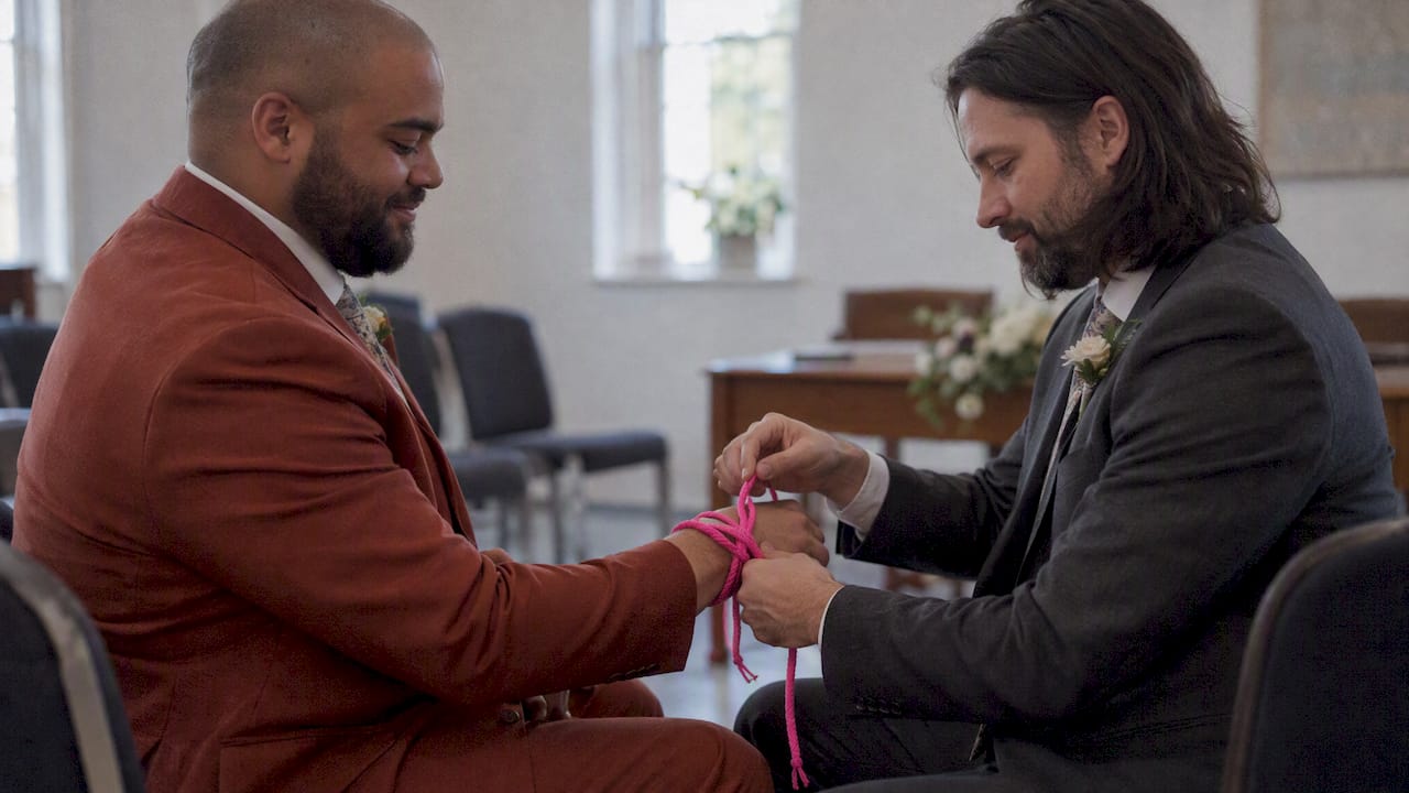 Two men tie a cord in their ceremony